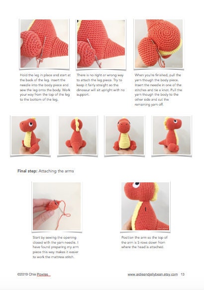 AMIGURUMI PATTERN/ tutorial (English) Amigurumi Dinosaur - "The Cuddly Dinosaur" pdf - US terminology