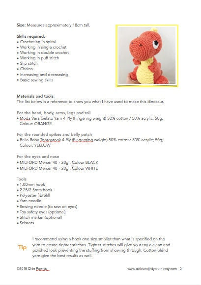 AMIGURUMI PATTERN/ tutorial (English) Amigurumi Dinosaur - "The Cuddly Dinosaur" pdf - US terminology