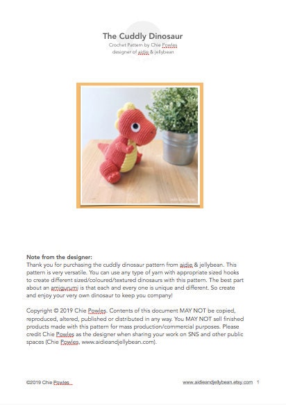 AMIGURUMI PATTERN/ tutorial (English) Amigurumi Dinosaur - "The Cuddly Dinosaur" pdf - US terminology