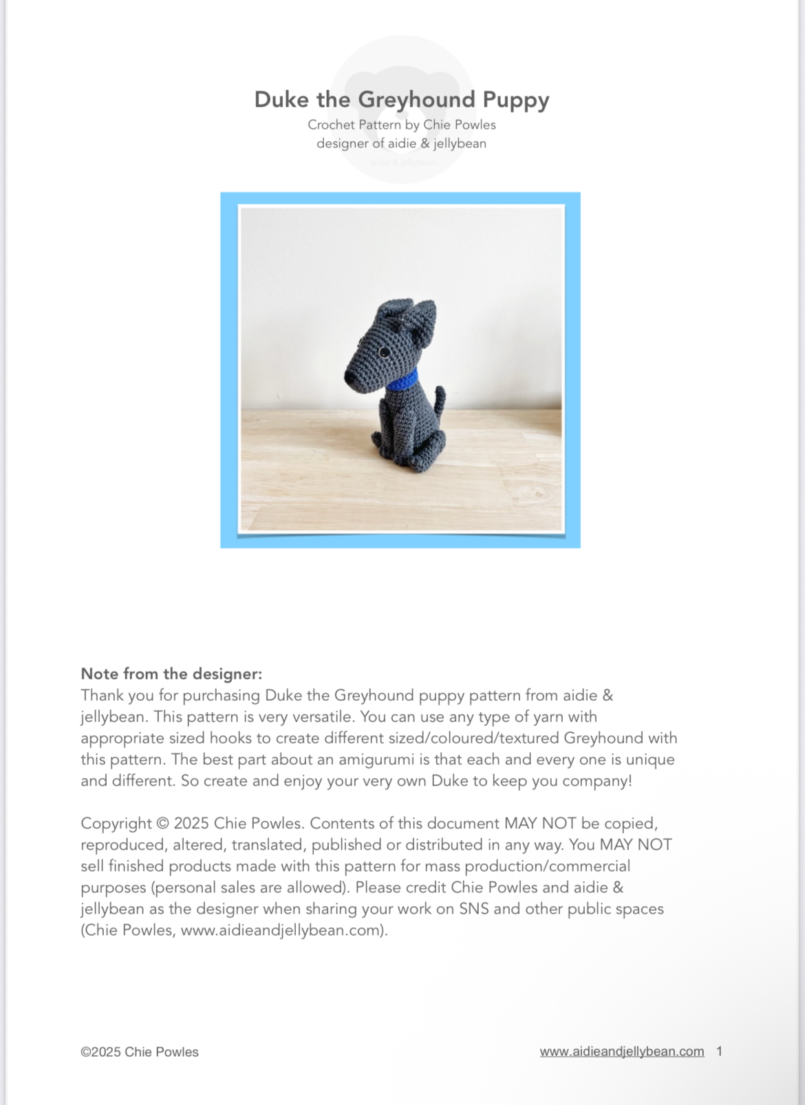 AMIGURUMI PATTERN/ tutorial (English) Amigurumi Greyhound Dog - "Duke the Greyhound Puppy"