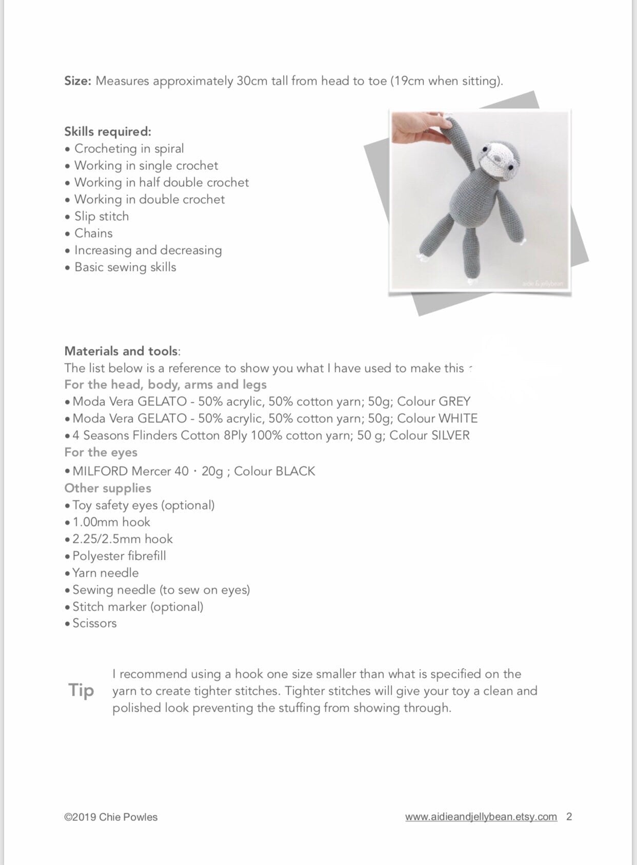AMIGURUMI PATTERN/ tutorial (English) Amigurumi Sloth - "Levi the Sloth Pattern" pdf - US terminology