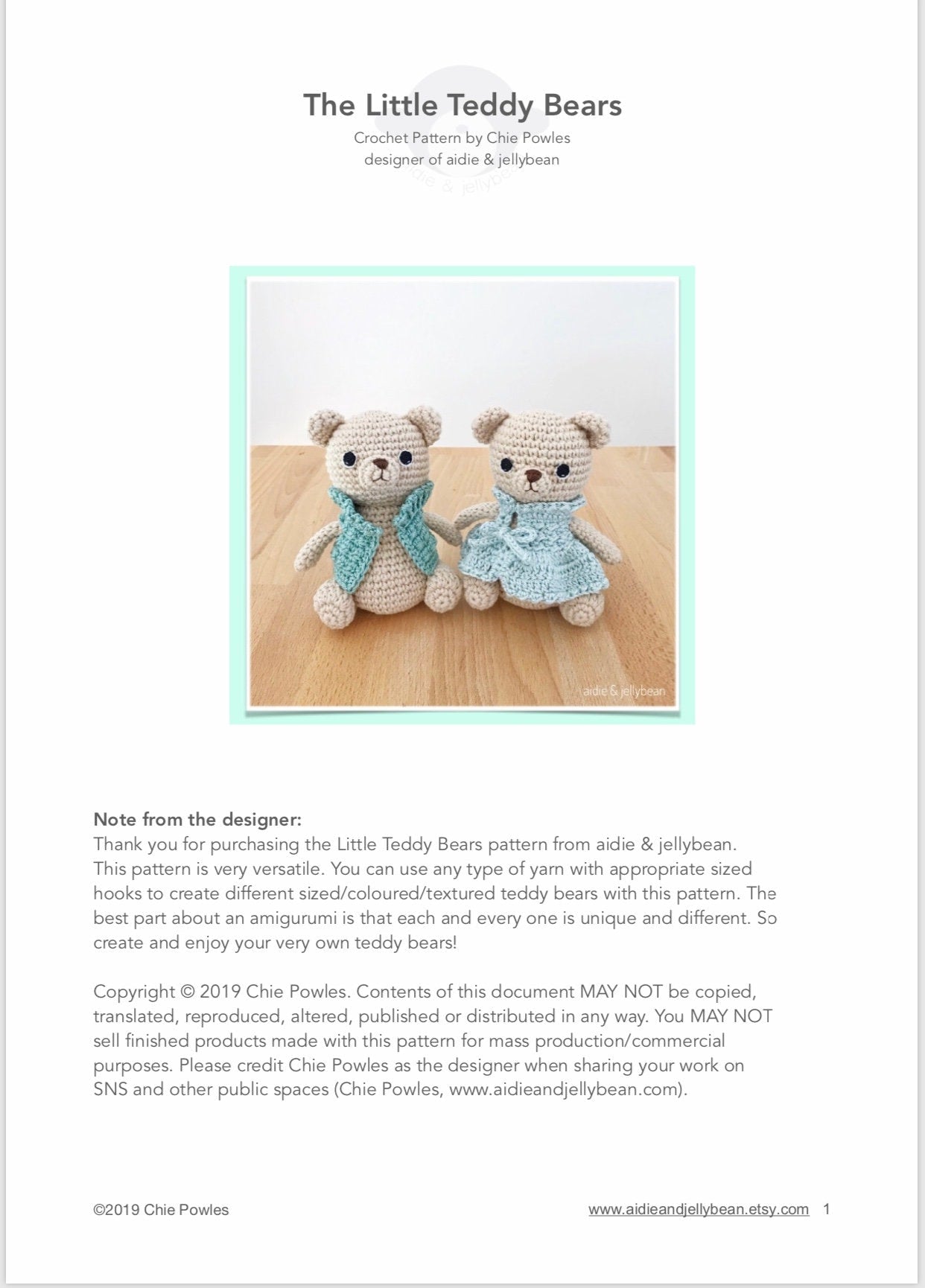 AMIGURUMI PATTERN/ tutorial (English) Amigurumi Teddy Bear "The Little Teddy Bears" pdf - US terminology