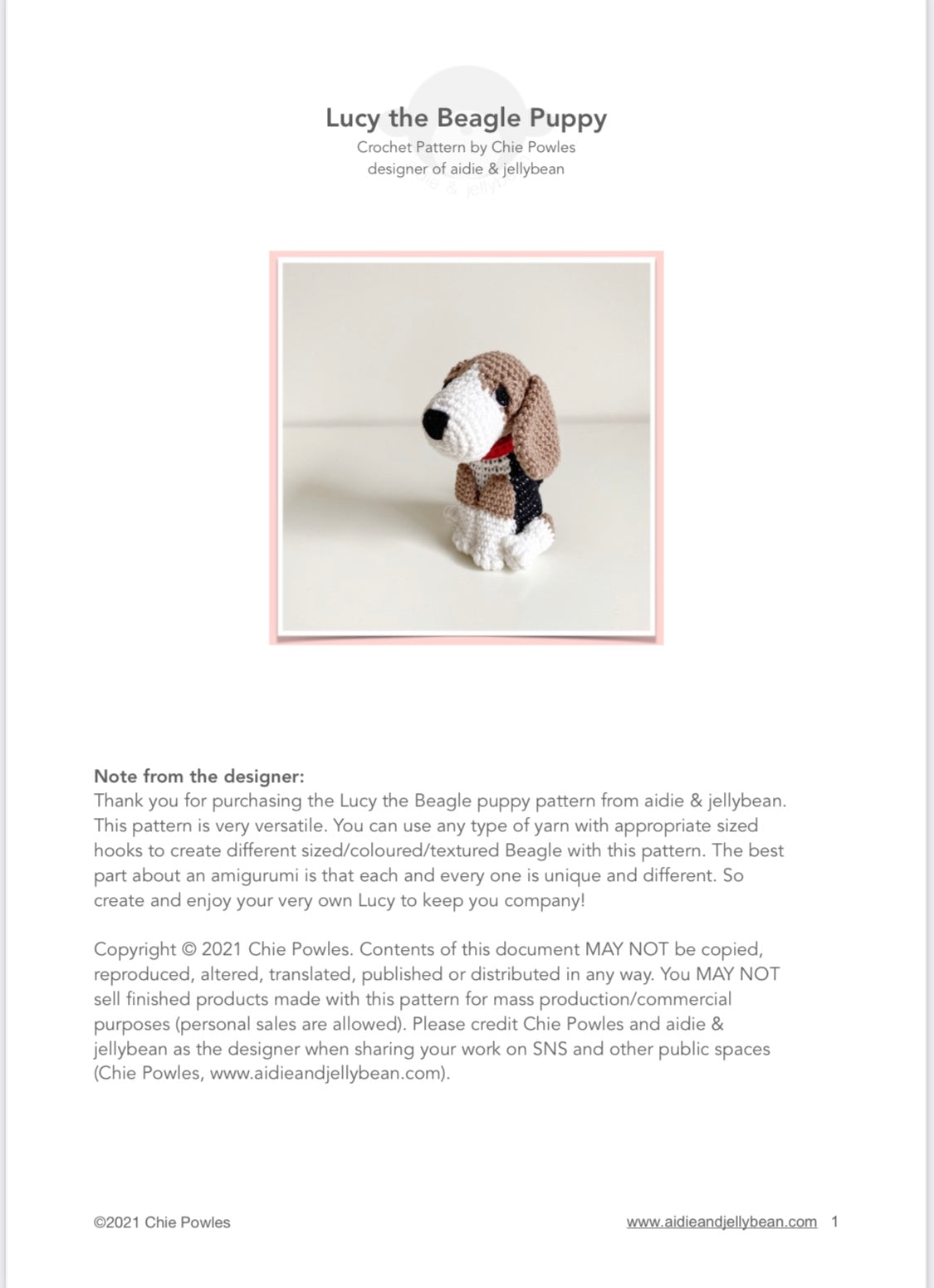 AMIGURUMI PATTERN/ tutorial (English) Amigurumi Beagle - "Lucy the Beagle Puppy" pdf - US terminology