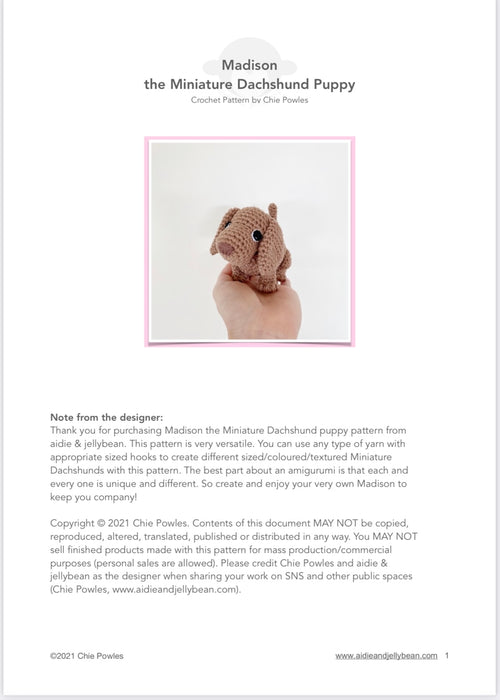 AMIGURUMI PATTERN/ tutorial (English) Amigurumi Miniature Dachshund Dog - "Madison the Miniature Dachshund Puppy" pdf - US terminology