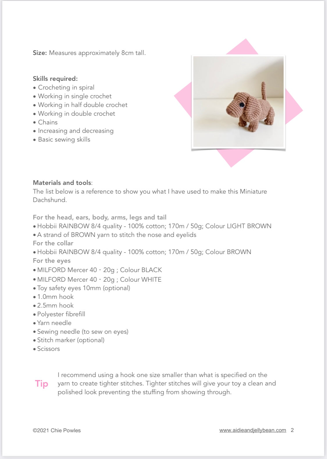 AMIGURUMI PATTERN/ tutorial (English) Amigurumi Miniature Dachshund Dog - "Madison the Miniature Dachshund Puppy" pdf - US terminology