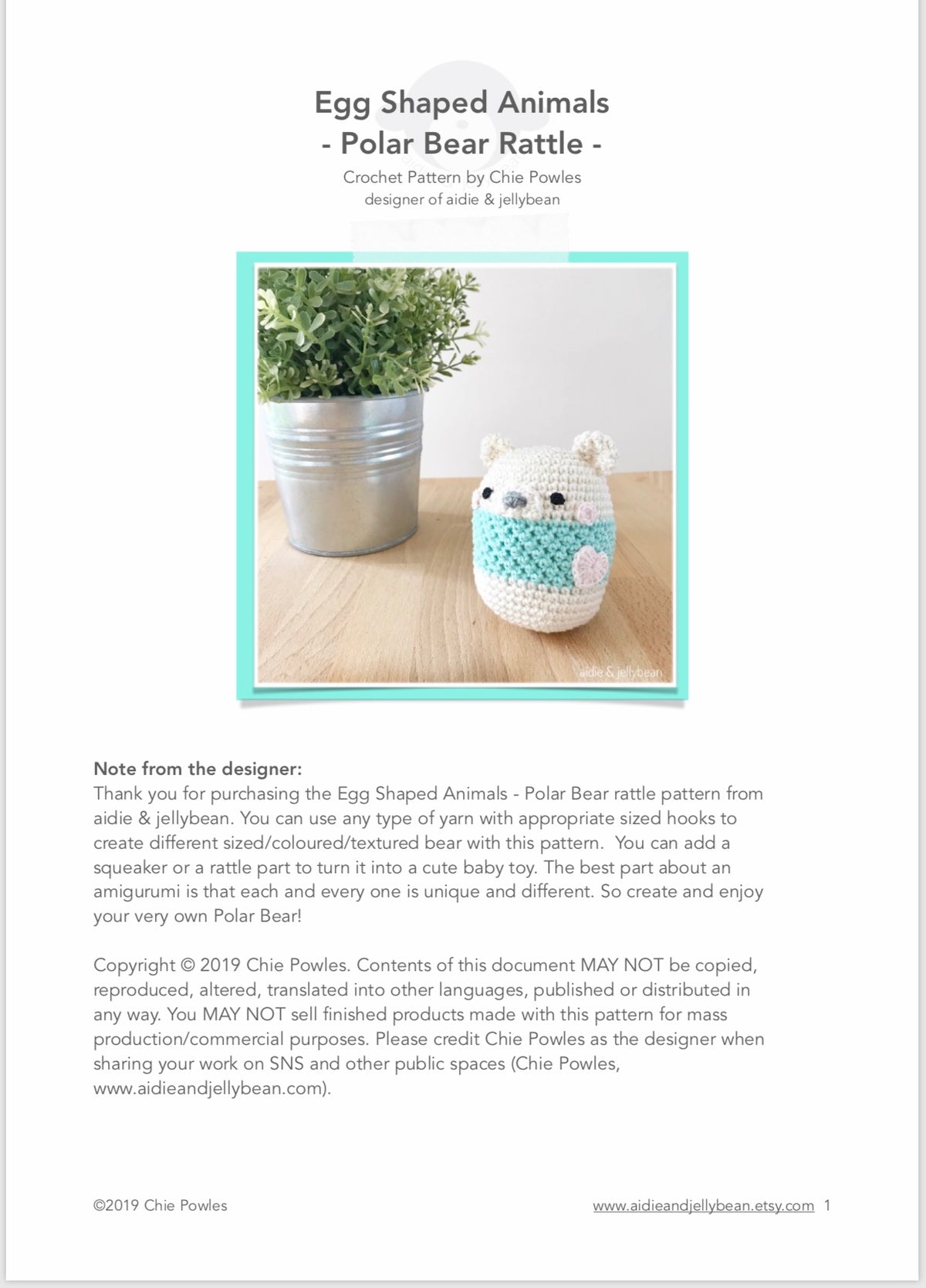AMIGURUMI PATTERN/ tutorial (English) Amigurumi Polar Bear "Egg Shaped Animals - Polar Bear Rattle" pdf - US terminology
