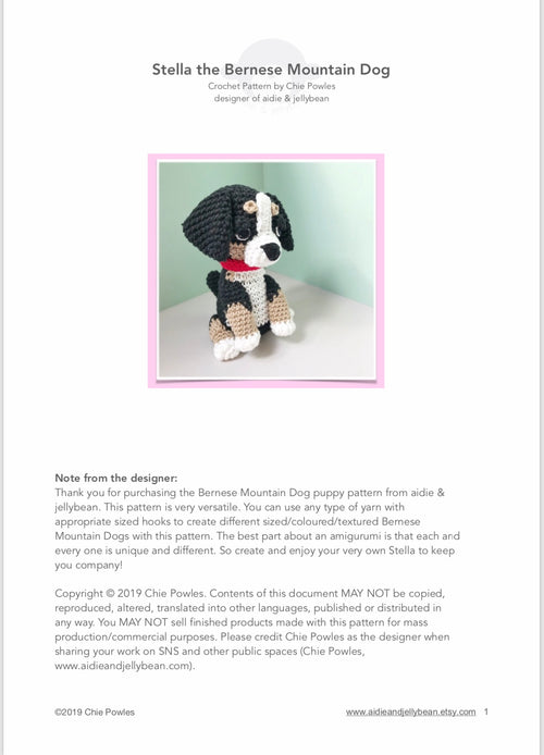AMIGURUMI PATTERN/ tutorial (English) Amigurumi Bernese Mountain Dog - "Stella the Bernese Mountain Dog Puppy" pdf - US terminology