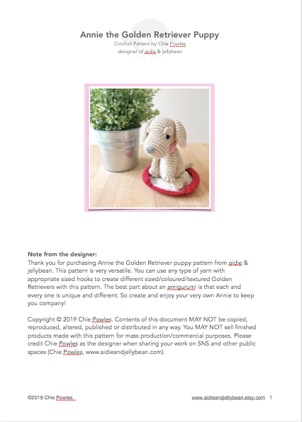 AMIGURUMI PATTERN/ tutorial (English) Amigurumi Golden Retriever - "Annie the Golden Retriever Puppy" pdf - US terminology