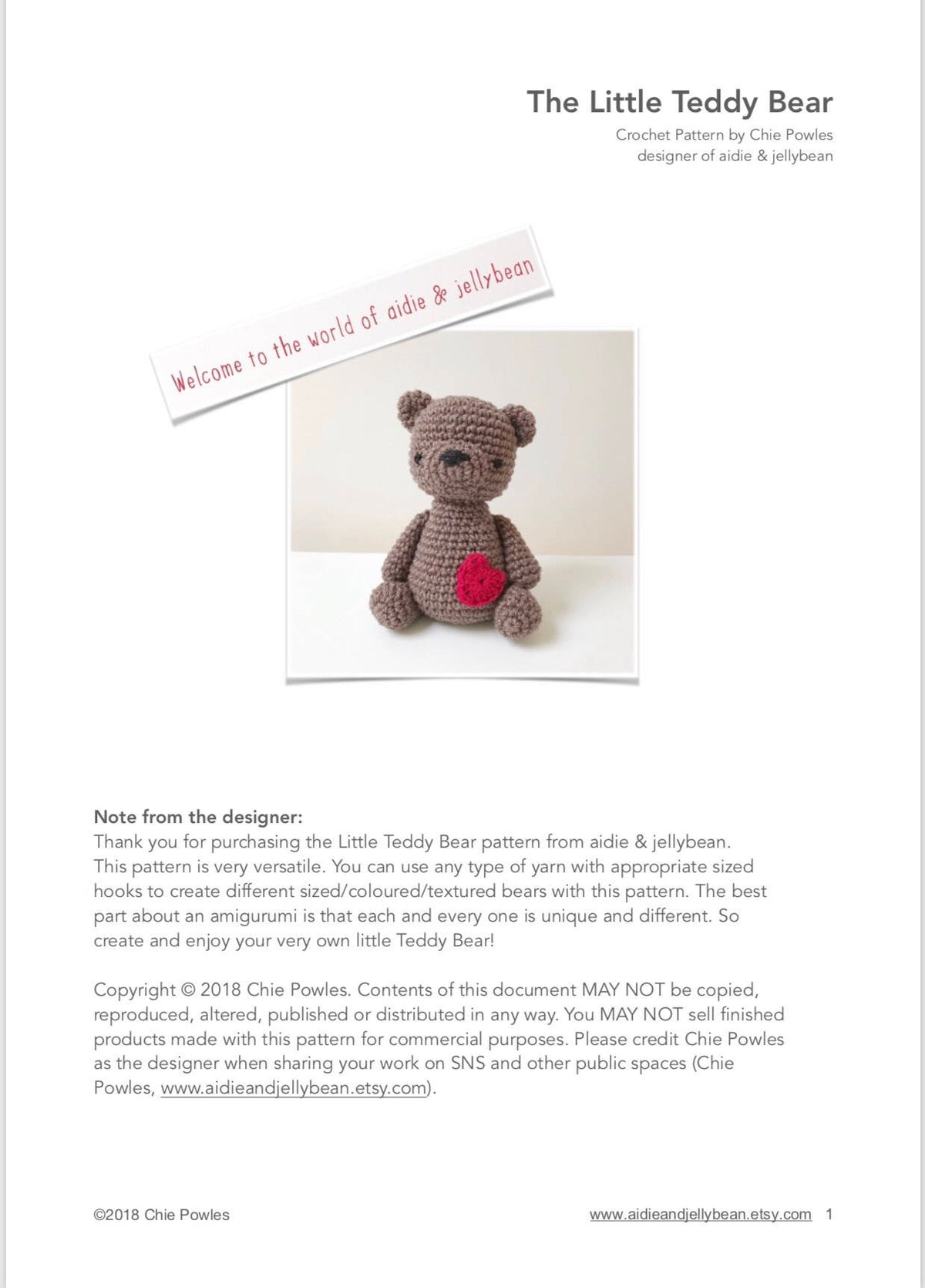 AMIGURUMI PATTERN/ tutorial (English) Amigurumi Teddy Bear "The Little Teddy Bear" pdf - US terminology