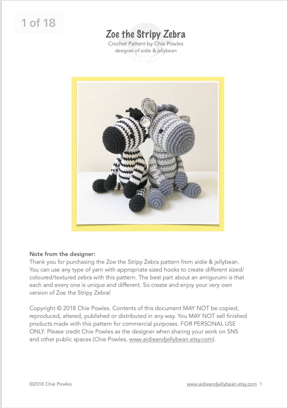 AMIGURUMI PATTERN/ tutorial (English) Amigurumi Zebra "Zoe the Stripy Zebra" pdf - US terminology