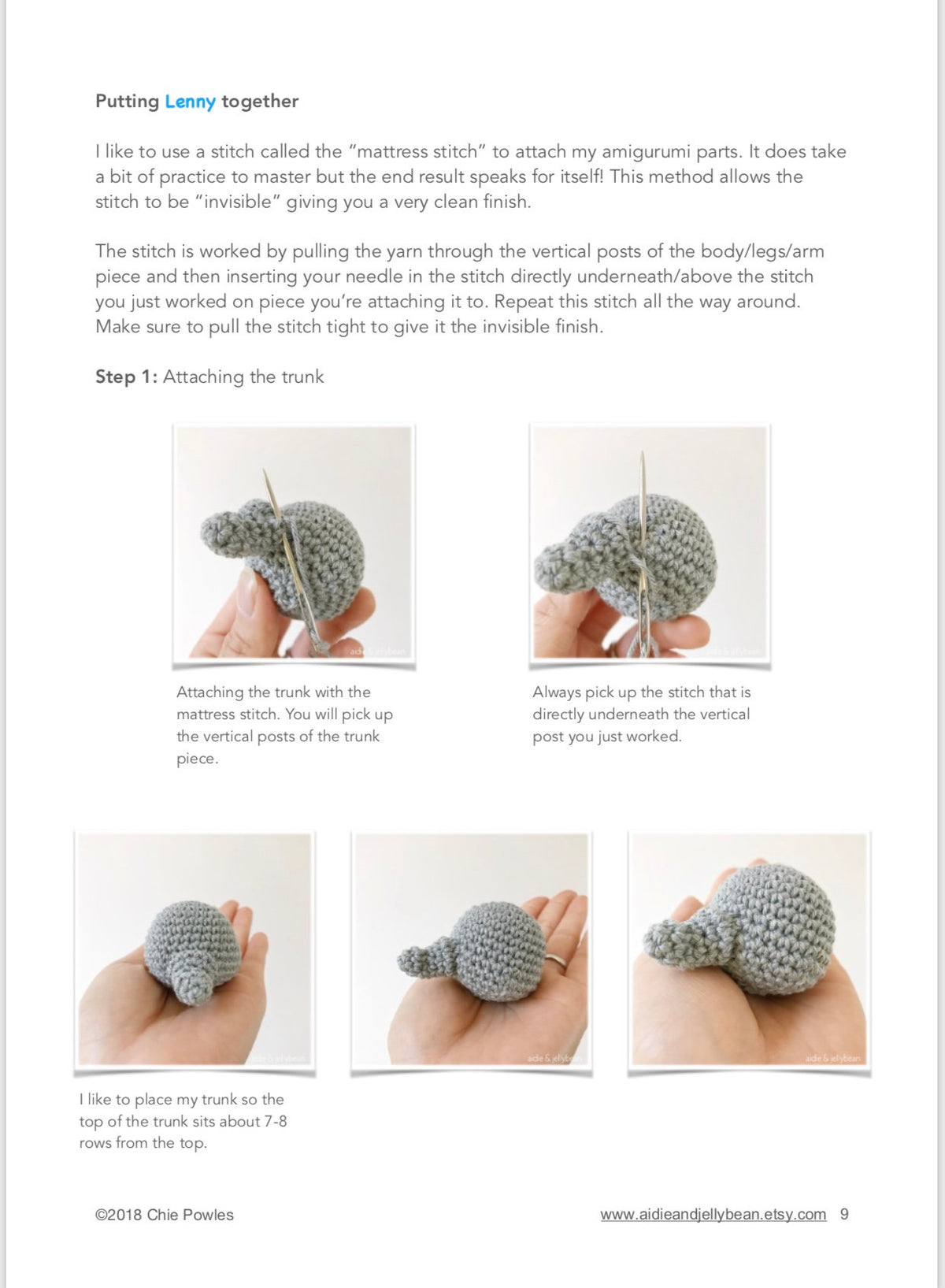 AMIGURUMI PATTERN/ tutorial (English) Amigurumi Elephant - "Lenny the Little Elephant" pdf - US terminology