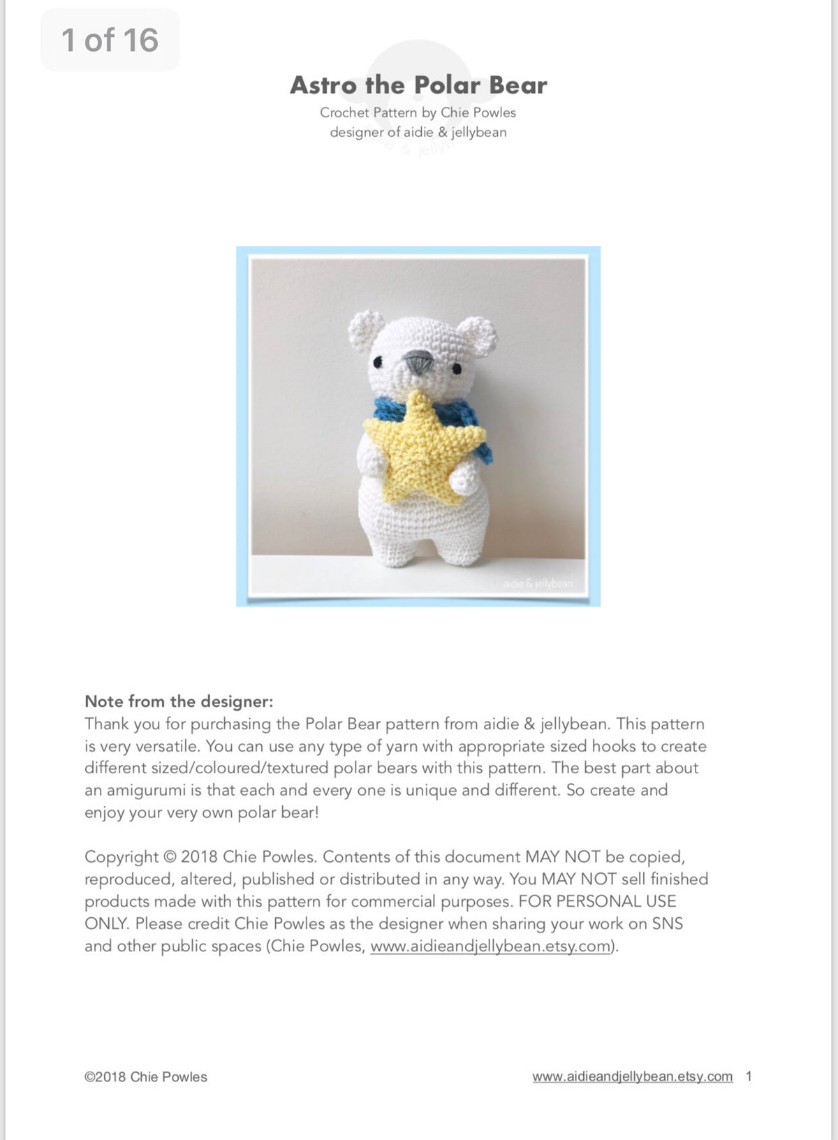 AMIGURUMI PATTERN/ tutorial (English) Amigurumi Polar Bear - "Astro the Polar Bear" pdf - US terminology