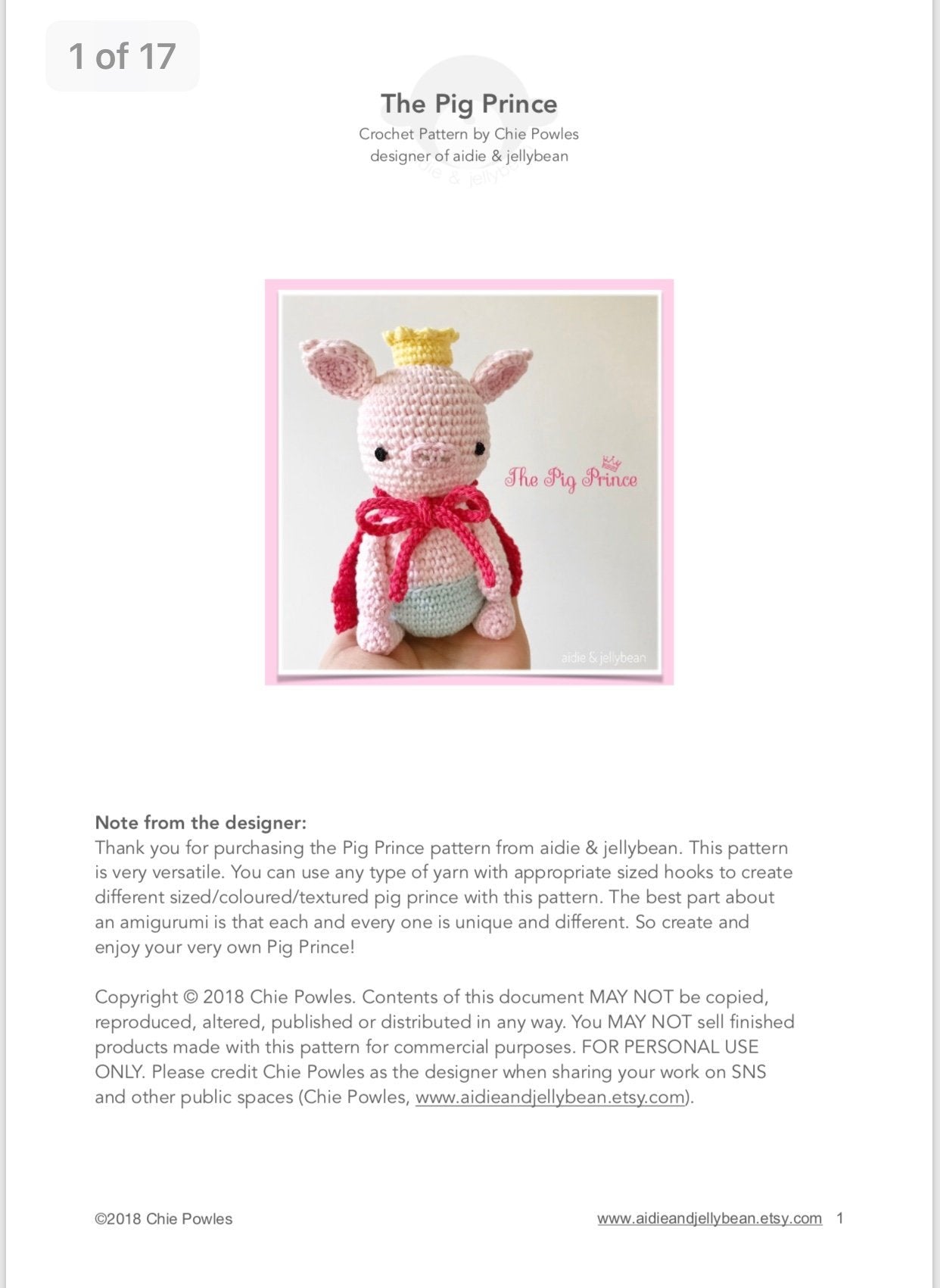 AMIGURUMI PATTERN/ tutorial (English) Amigurumi Pig - "The Pig Prince" pdf - US terminology
