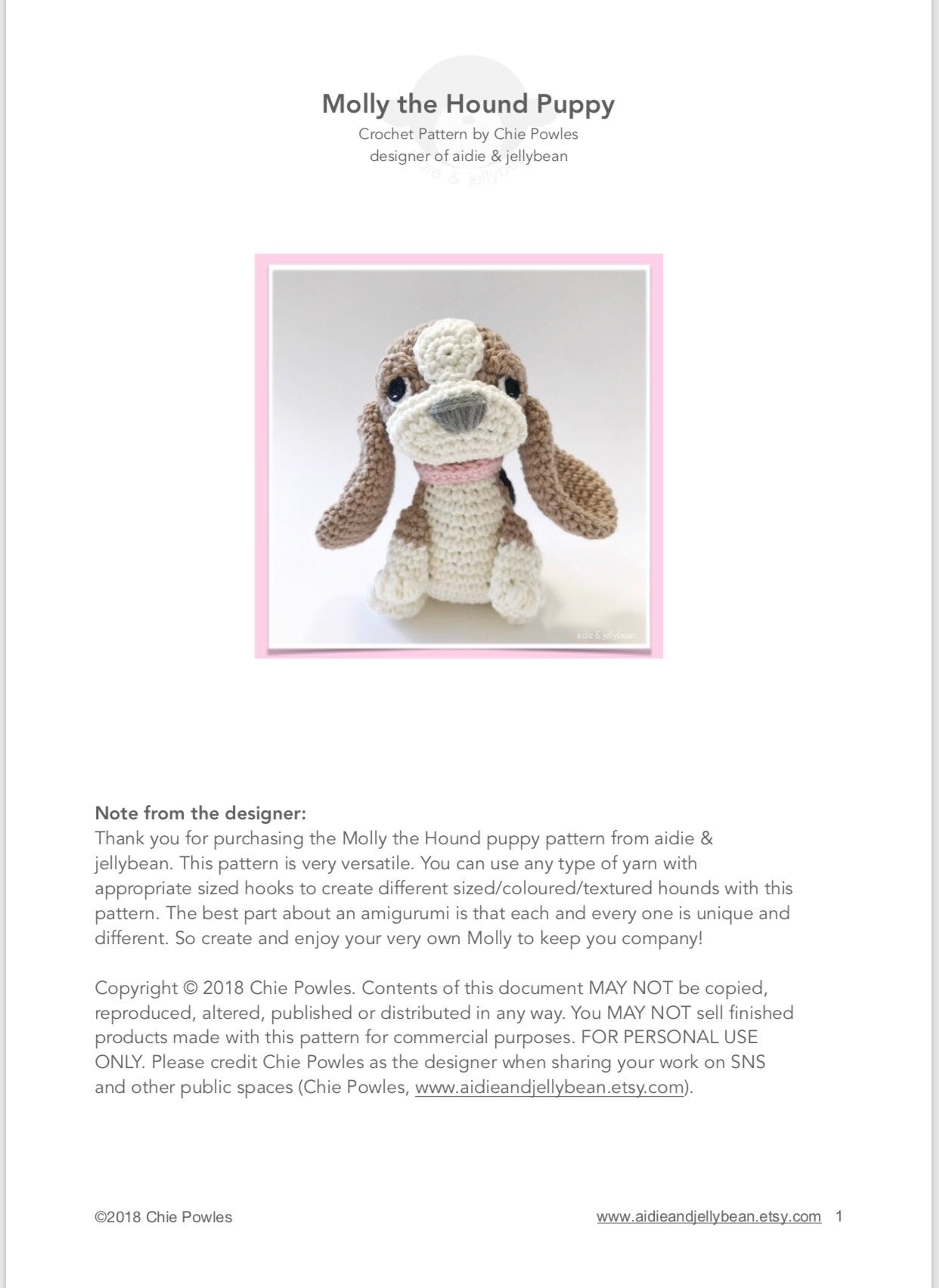 AMIGURUMI PATTERN/ tutorial (English) Amigurumi Hound Dog - "Molly the Hound Puppy" pdf - US terminology