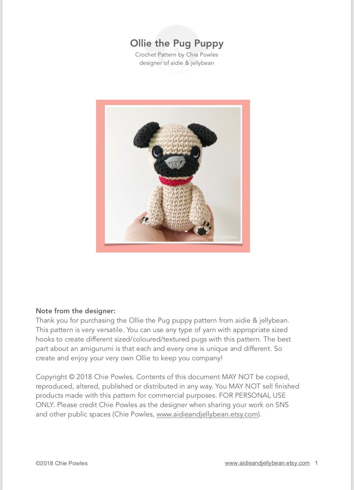 AMIGURUMI PATTERN/ tutorial (English) Amigurumi Pug Dog - "Ollie the Pug Puppy" pdf - US terminology