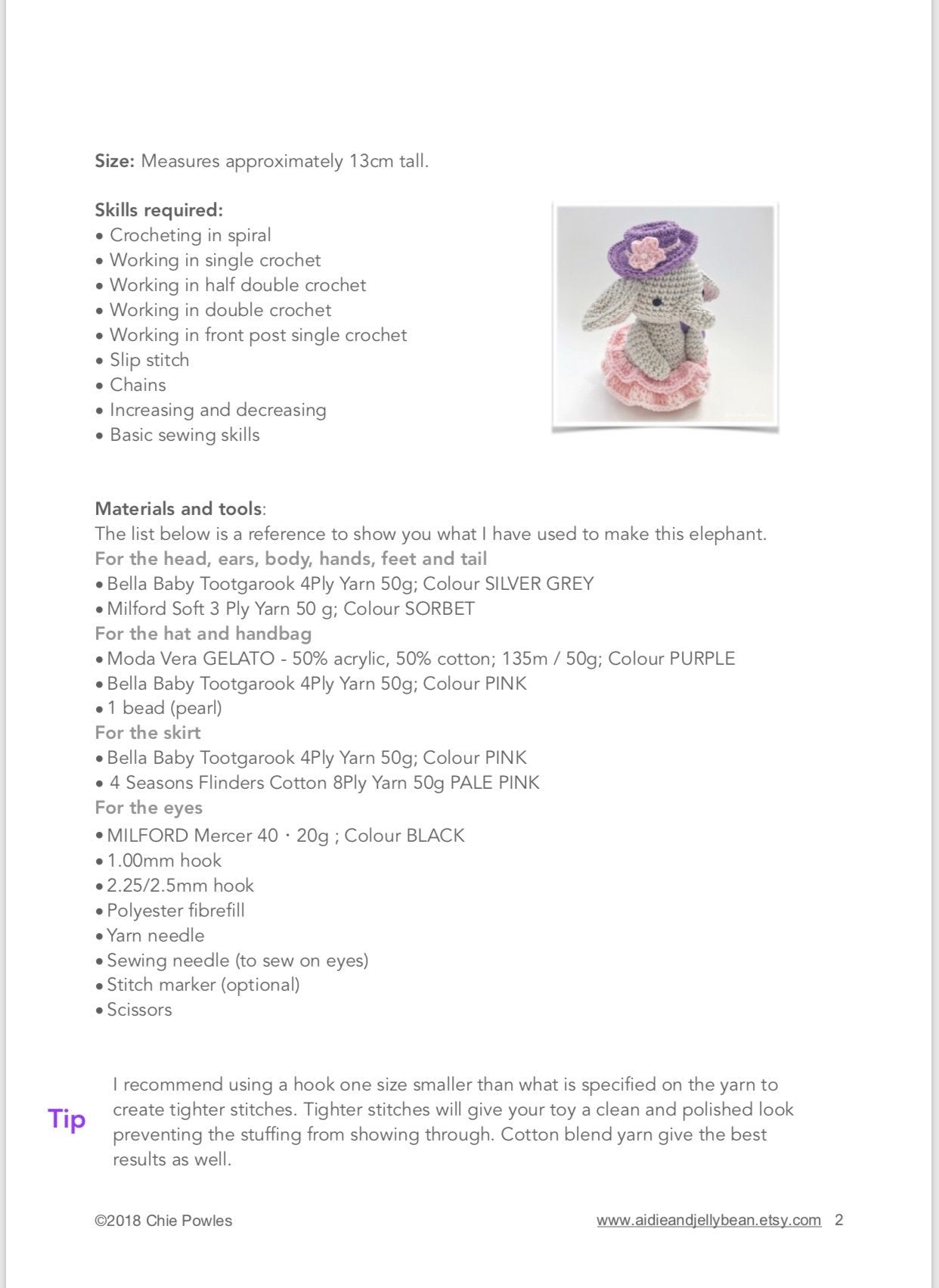 AMIGURUMI PATTERN/ tutorial (English) Amigurumi Elephant - "Ellie the Elegant Elephant" pdf - US terminology
