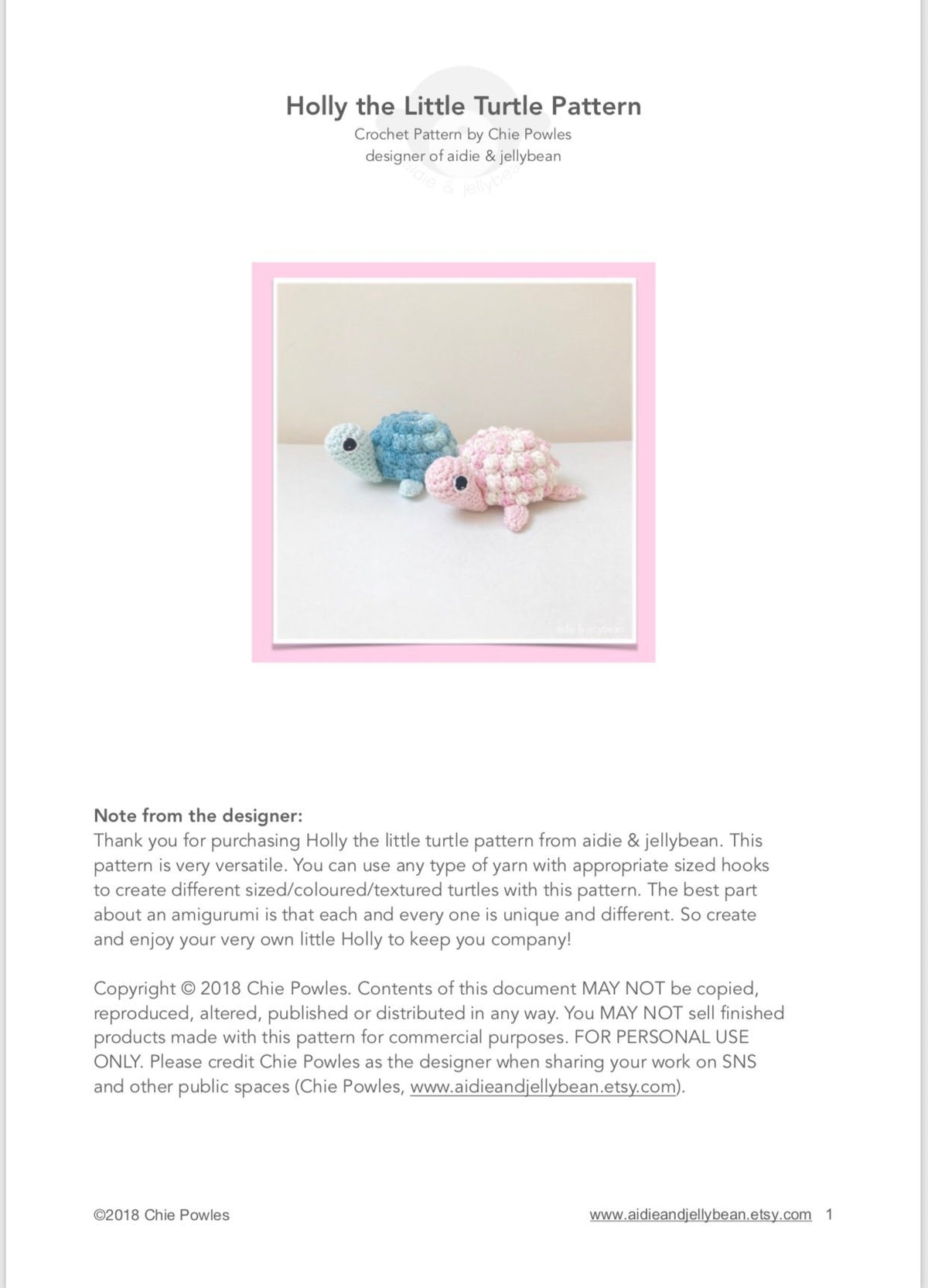 AMIGURUMI PATTERN/ tutorial (English) Amigurumi Turtle "Holly the Little Turtle" pdf - US terminology