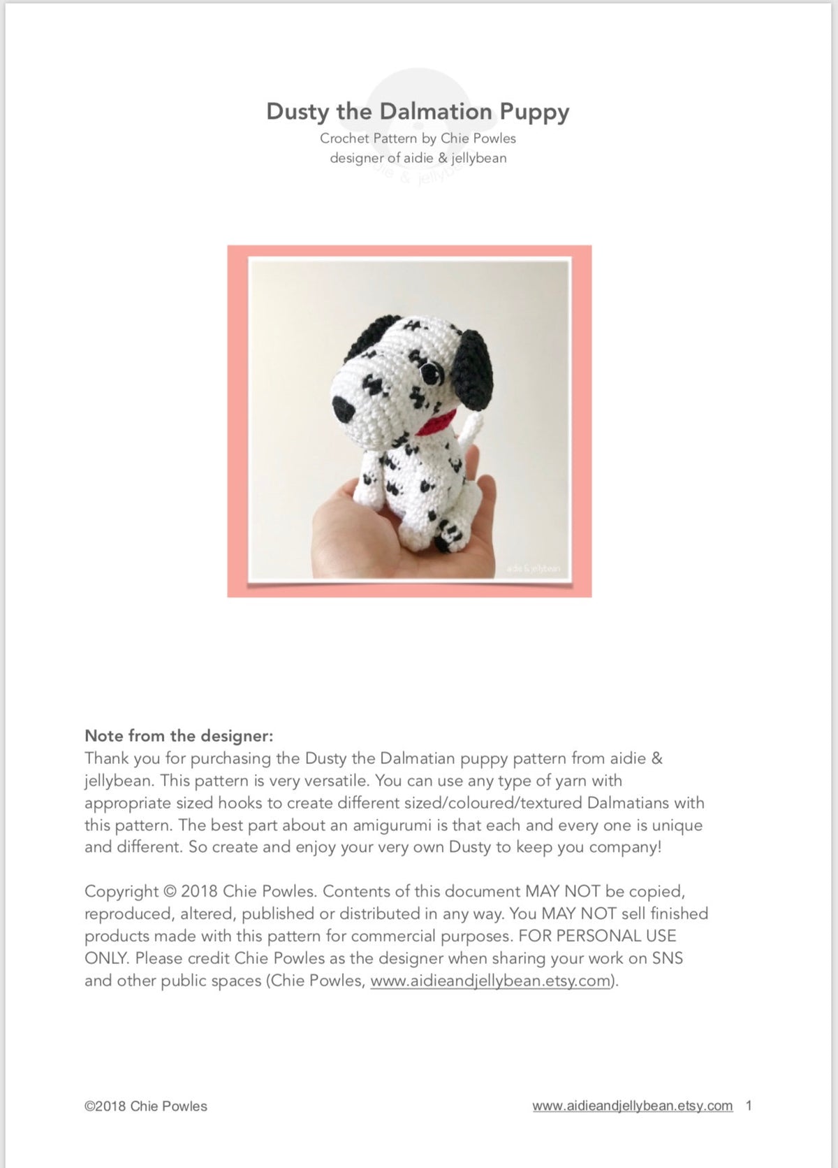 AMIGURUMI PATTERN/ tutorial (English) Amigurumi Dalmatian Dog - "Dusty the Dalmatian Puppy" pdf - US terminology