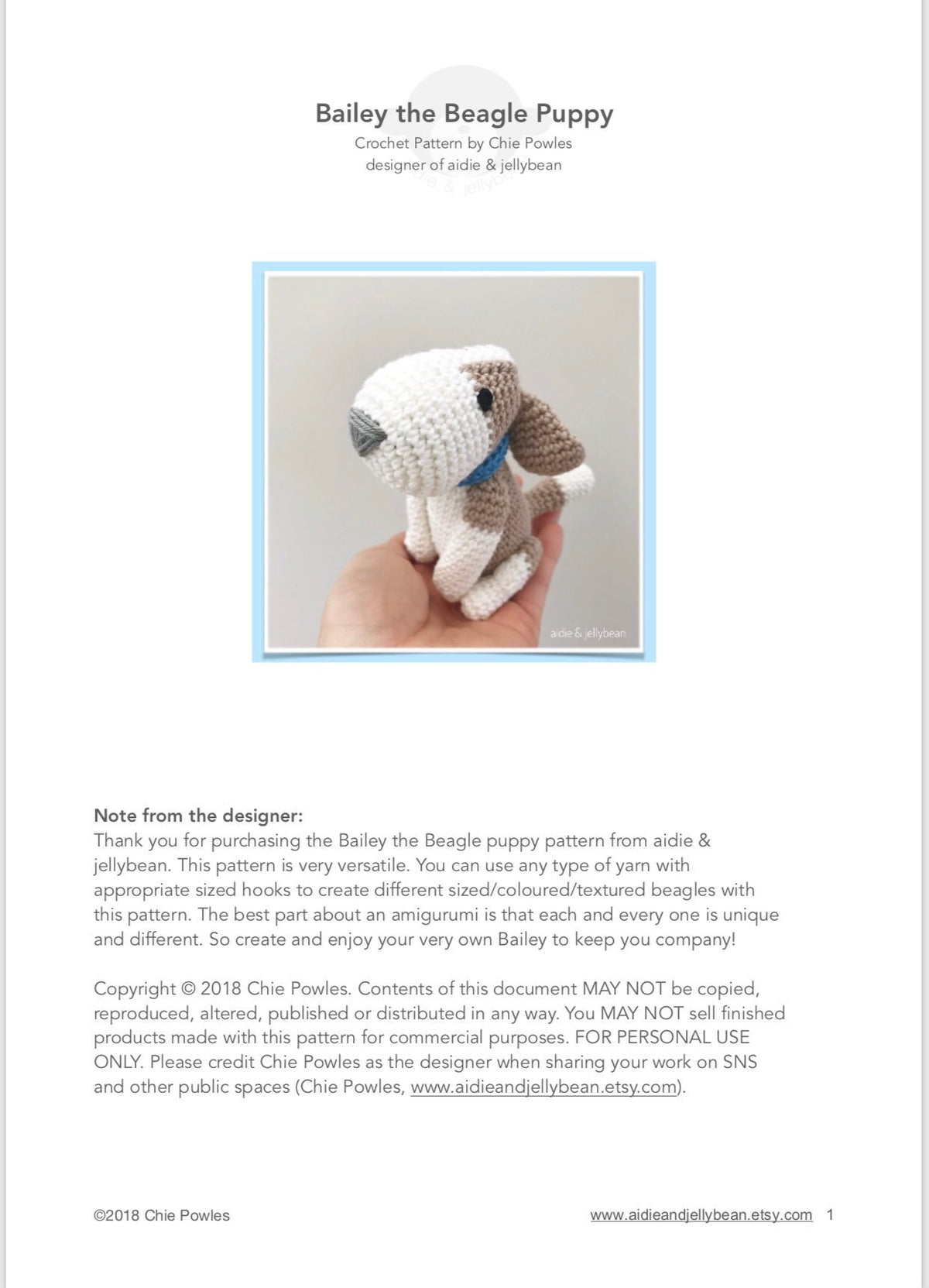 AMIGURUMI PATTERN/ tutorial (English) Amigurumi Beagle Dog - "Bailey the Beagle Puppy" pdf - US terminology