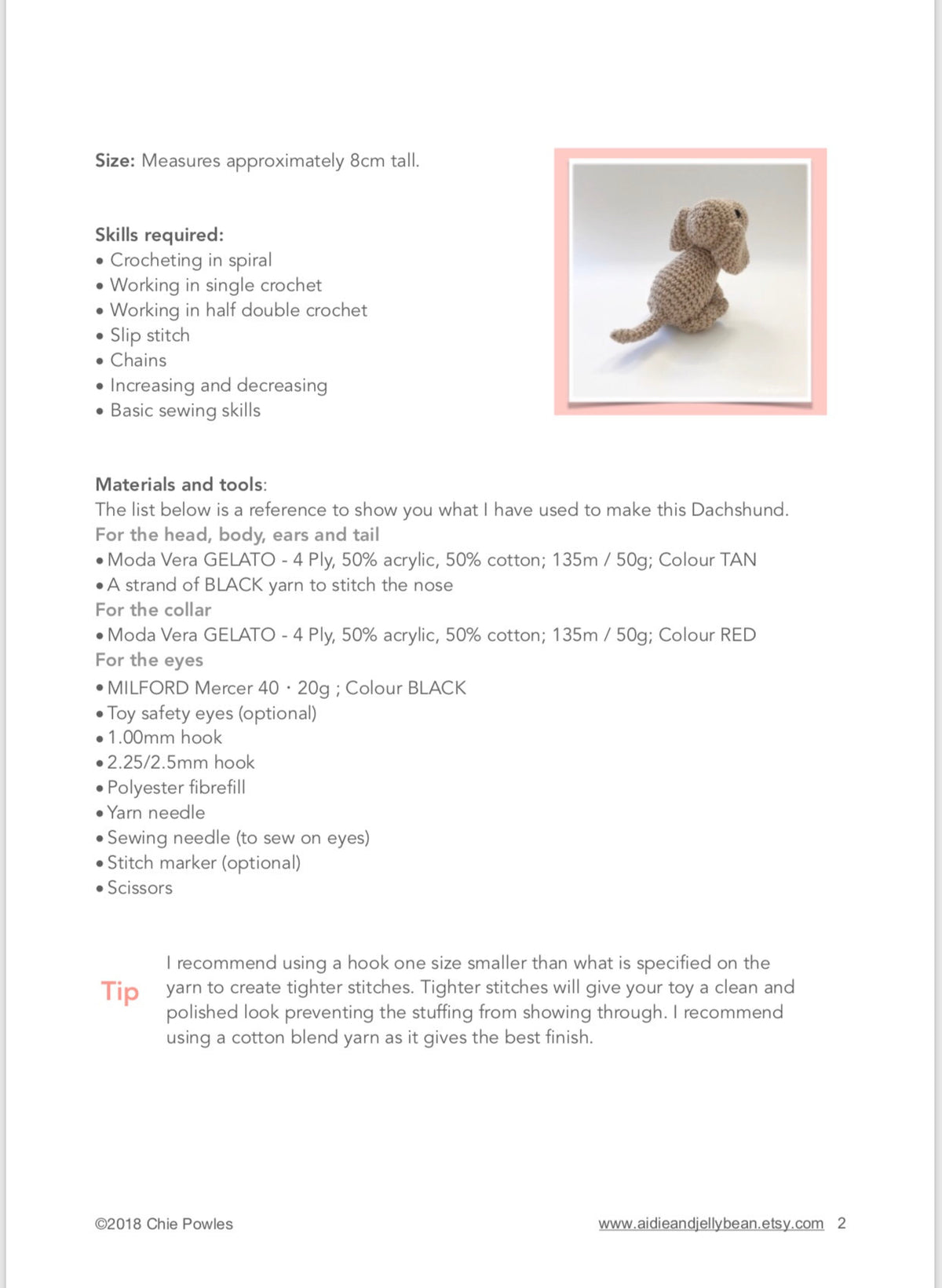 AMIGURUMI PATTERN/ tutorial (English) Amigurumi Dachshund Dog - "Daisy the Dachshund Puppy" pdf - US terminology