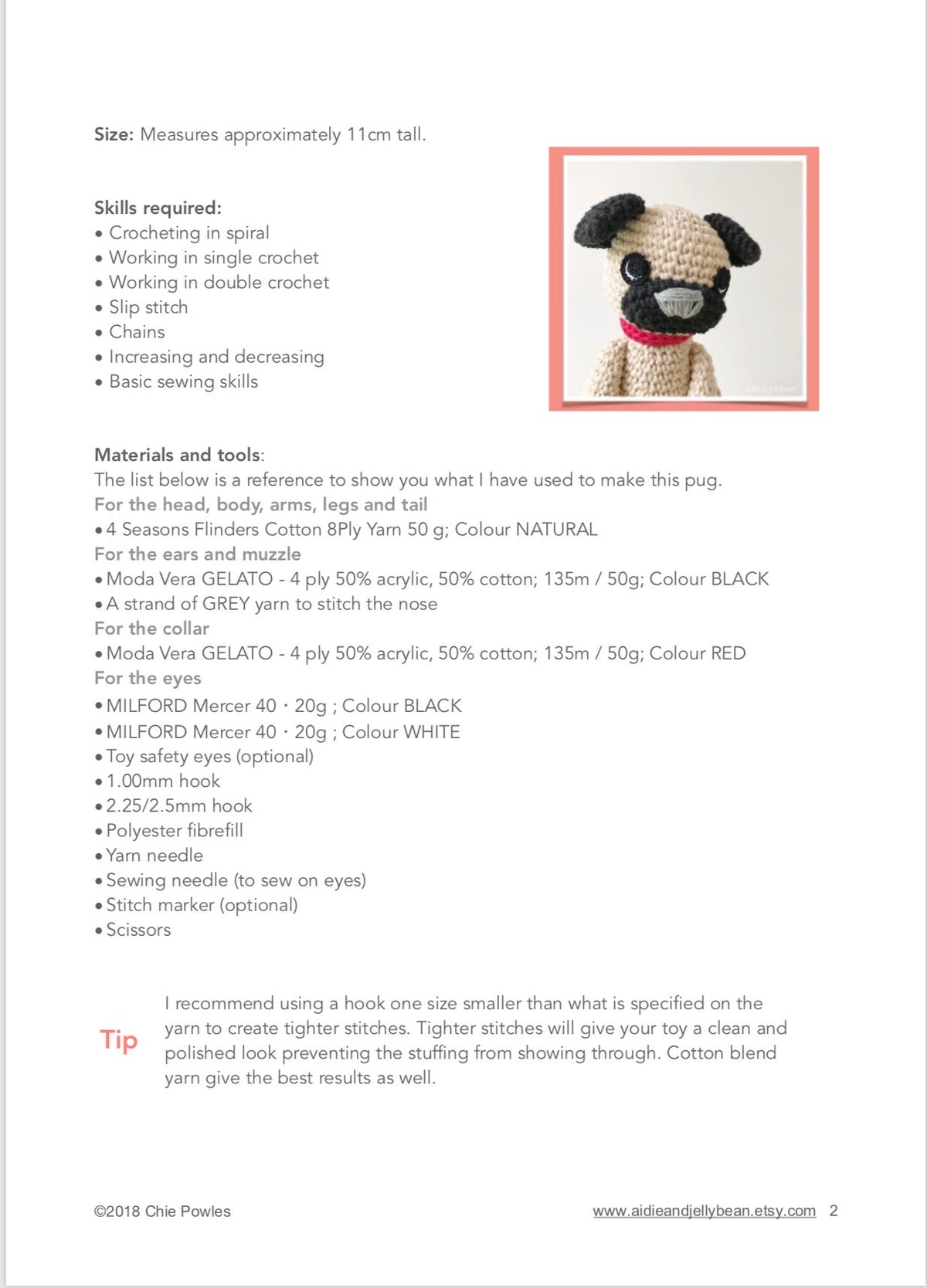 AMIGURUMI PATTERN/ tutorial (English) Amigurumi Pug Dog - "Ollie the Pug Puppy" pdf - US terminology