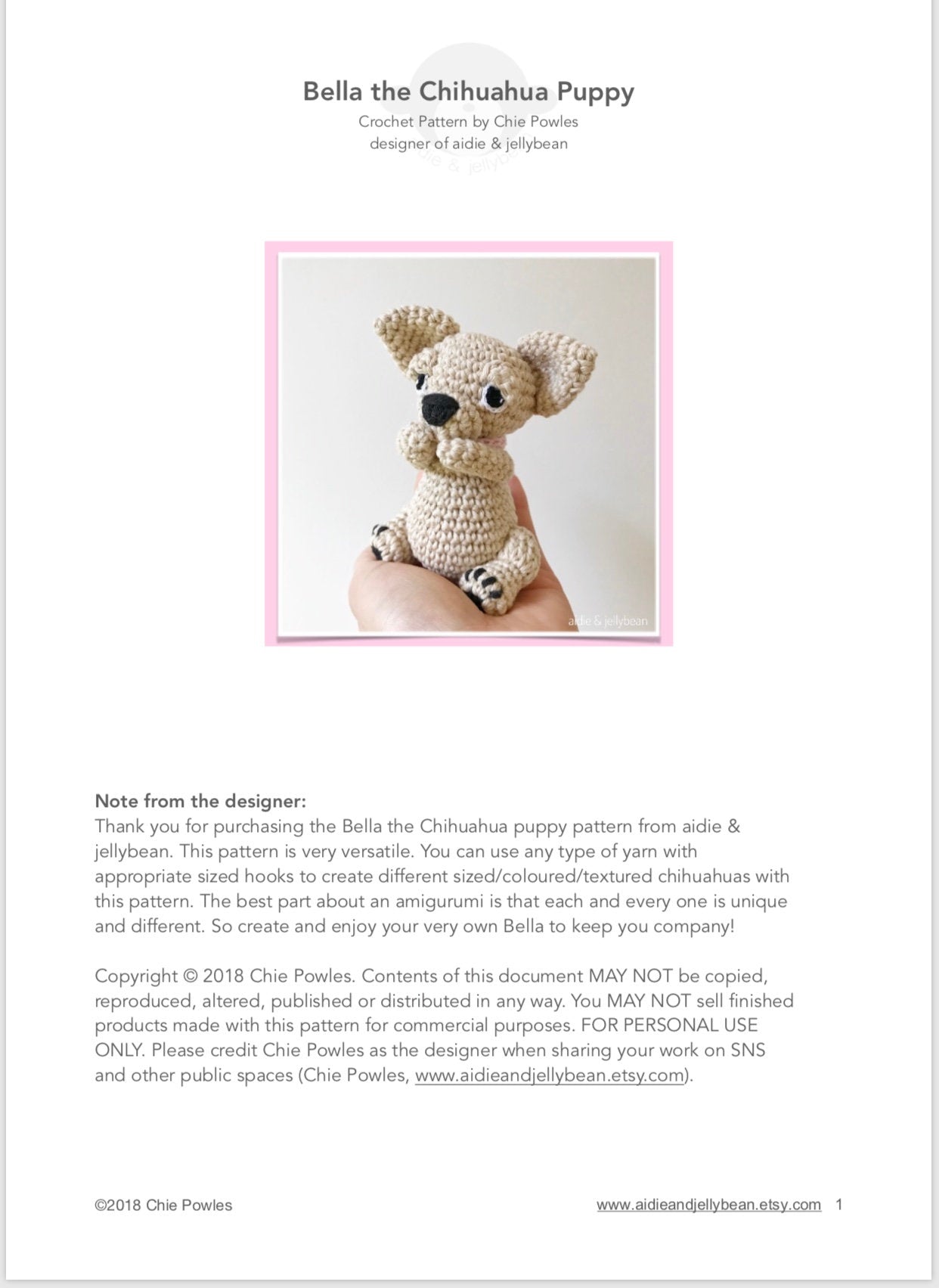 AMIGURUMI PATTERN/ tutorial (English) Amigurumi Chihuahua Dog - "Bella the Chihuahua Puppy" pdf - US terminology