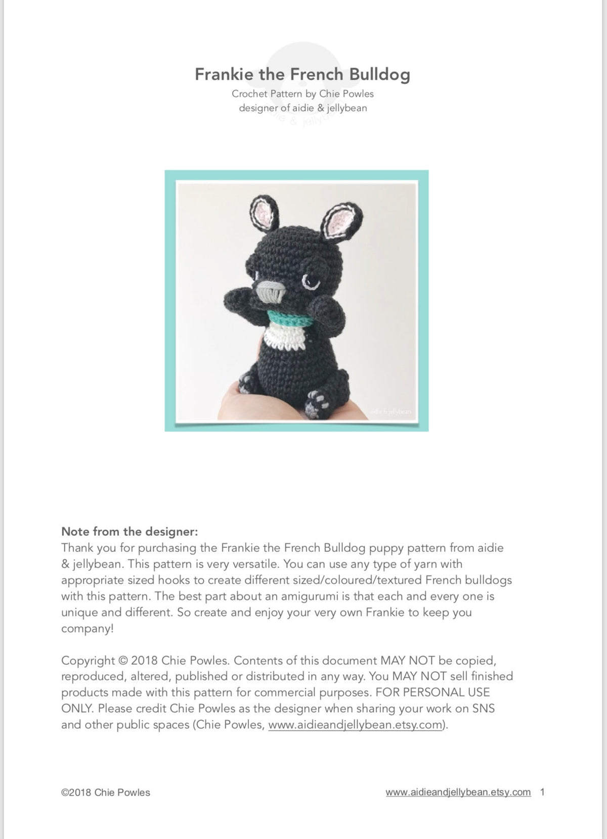 AMIGURUMI PATTERN/ tutorial (English) Amigurumi French Bulldog - "Frankie the French Bulldog Puppy" pdf - US terminology