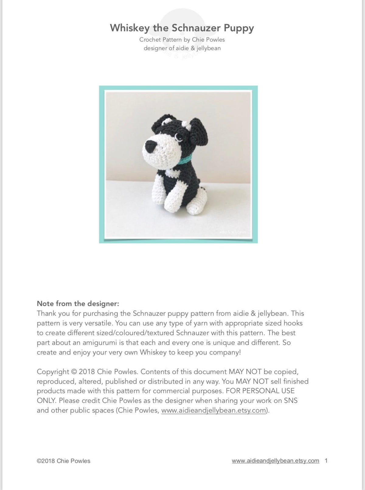 AMIGURUMI PATTERN/ tutorial (English) Amigurumi Schnauzer - "Whiskey the Schnauzer Puppy" pdf - US terminology