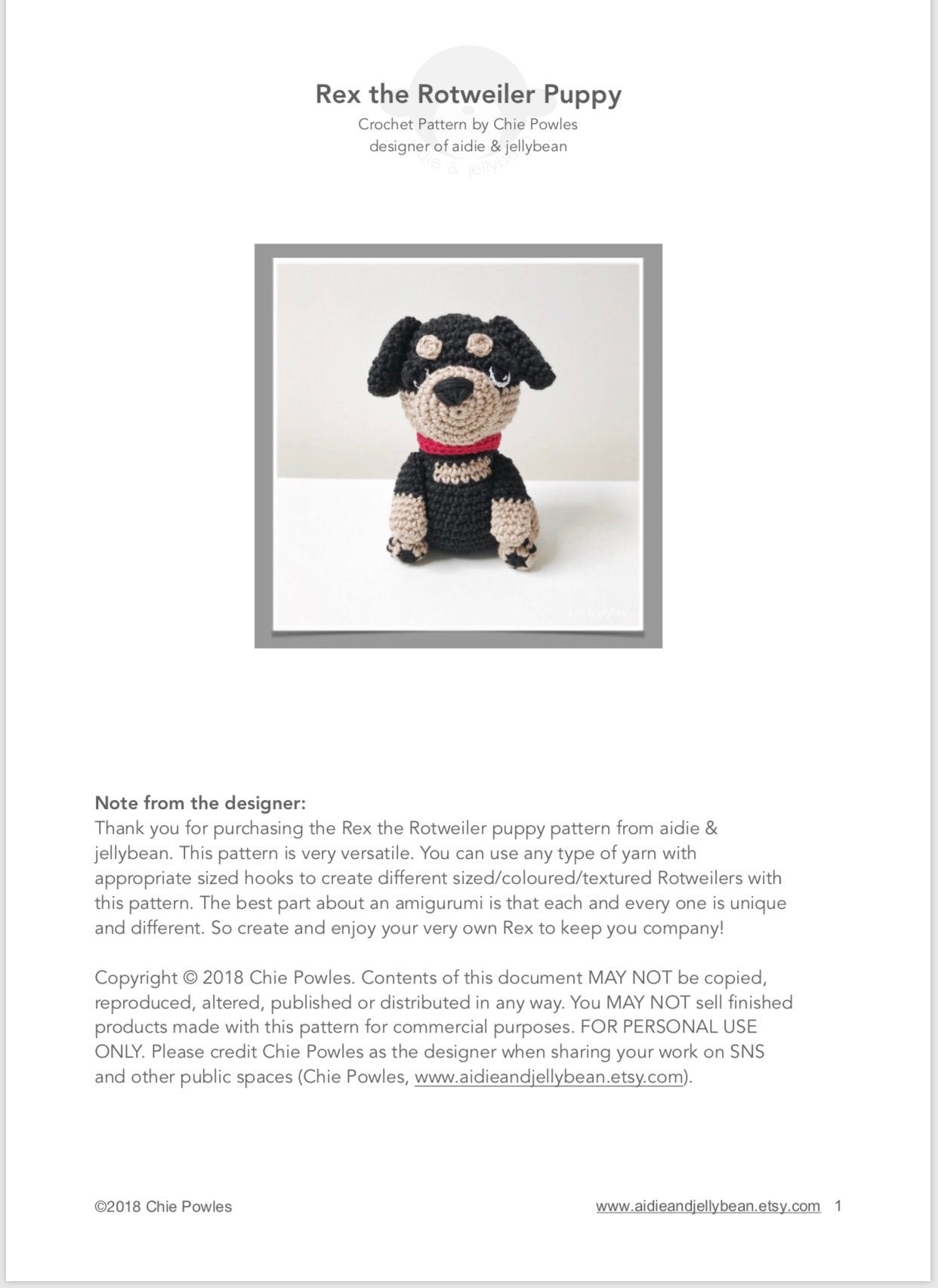 AMIGURUMI PATTERN/ tutorial (English) Amigurumi Rottweiler Dog - "Rex the Rottweiler Puppy" pdf - US terminology