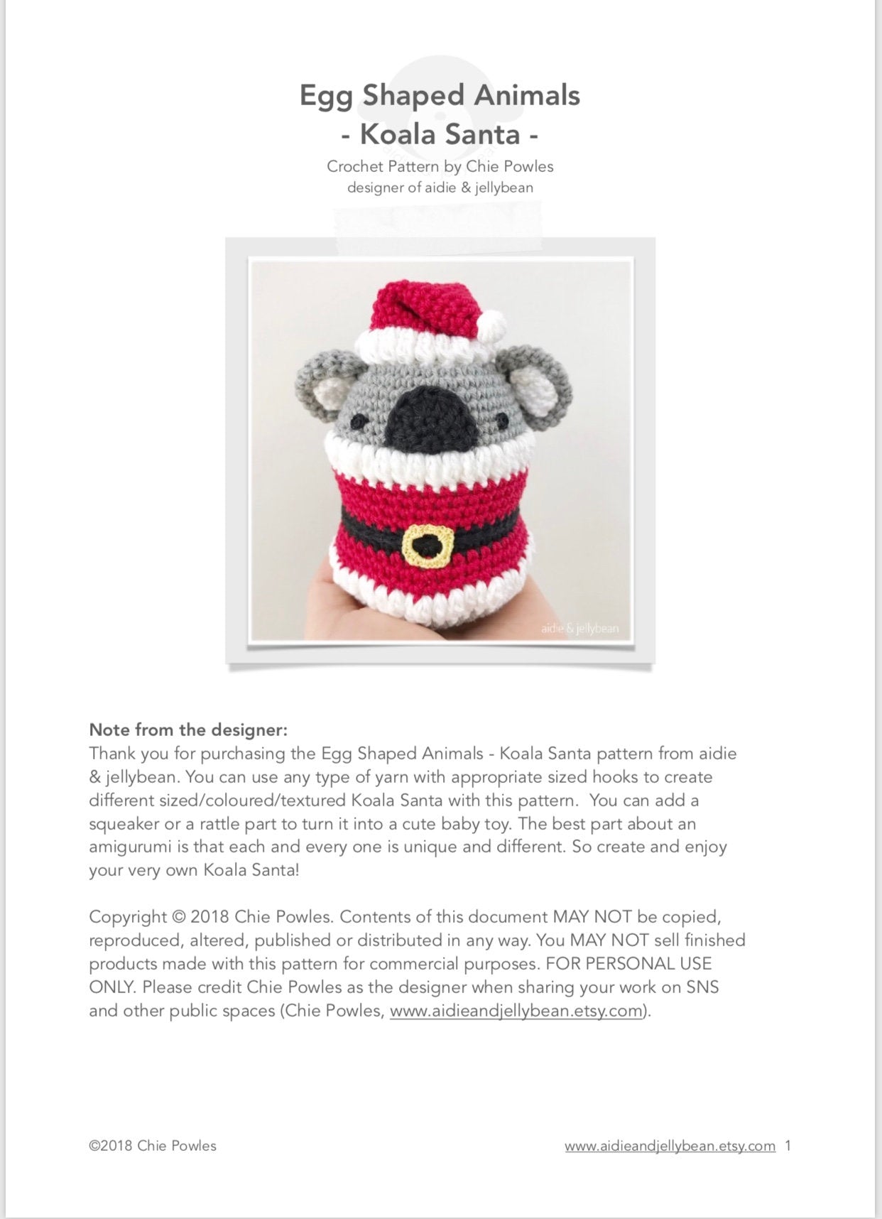 AMIGURUMI PATTERN/ tutorial (English) Amigurumi Koala Santa "Egg Shaped Animals - Koala Santa" pdf - US terminology